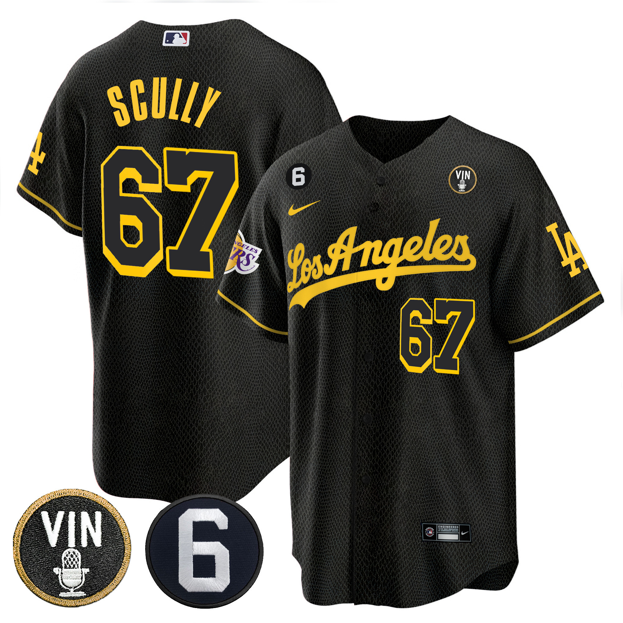 Vin Scully Men's Split Los Angeles Dodgers - Lakers Cool Base Black Mamba Jersey