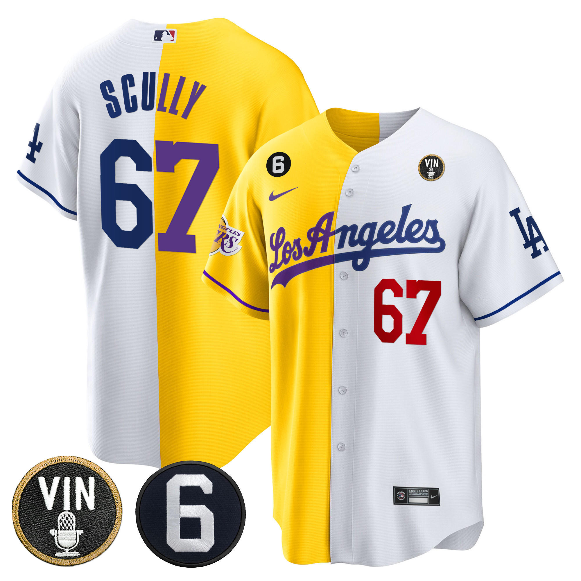 Vin Scully Men's Split Los Angeles Dodgers - Lakers Cool Base Gold White Jersey