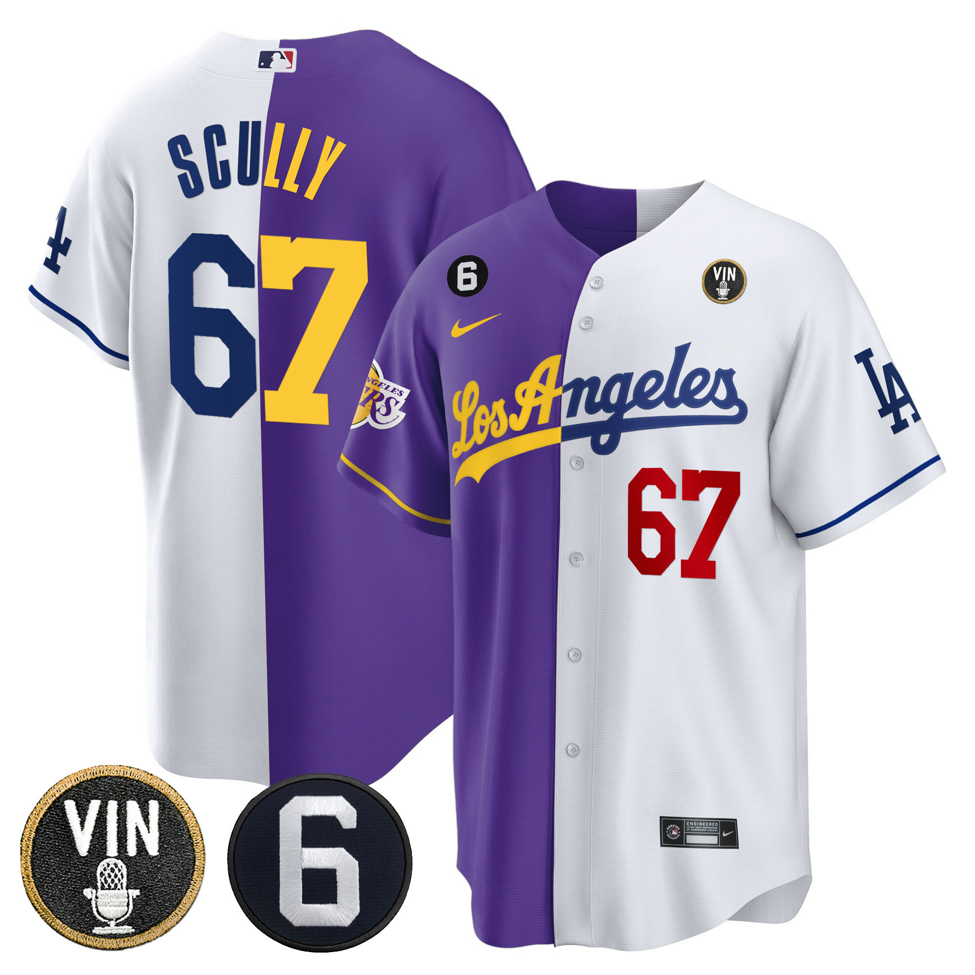 Vin Scully Men's Split Los Angeles Dodgers - Lakers Cool Base Purple White Jersey