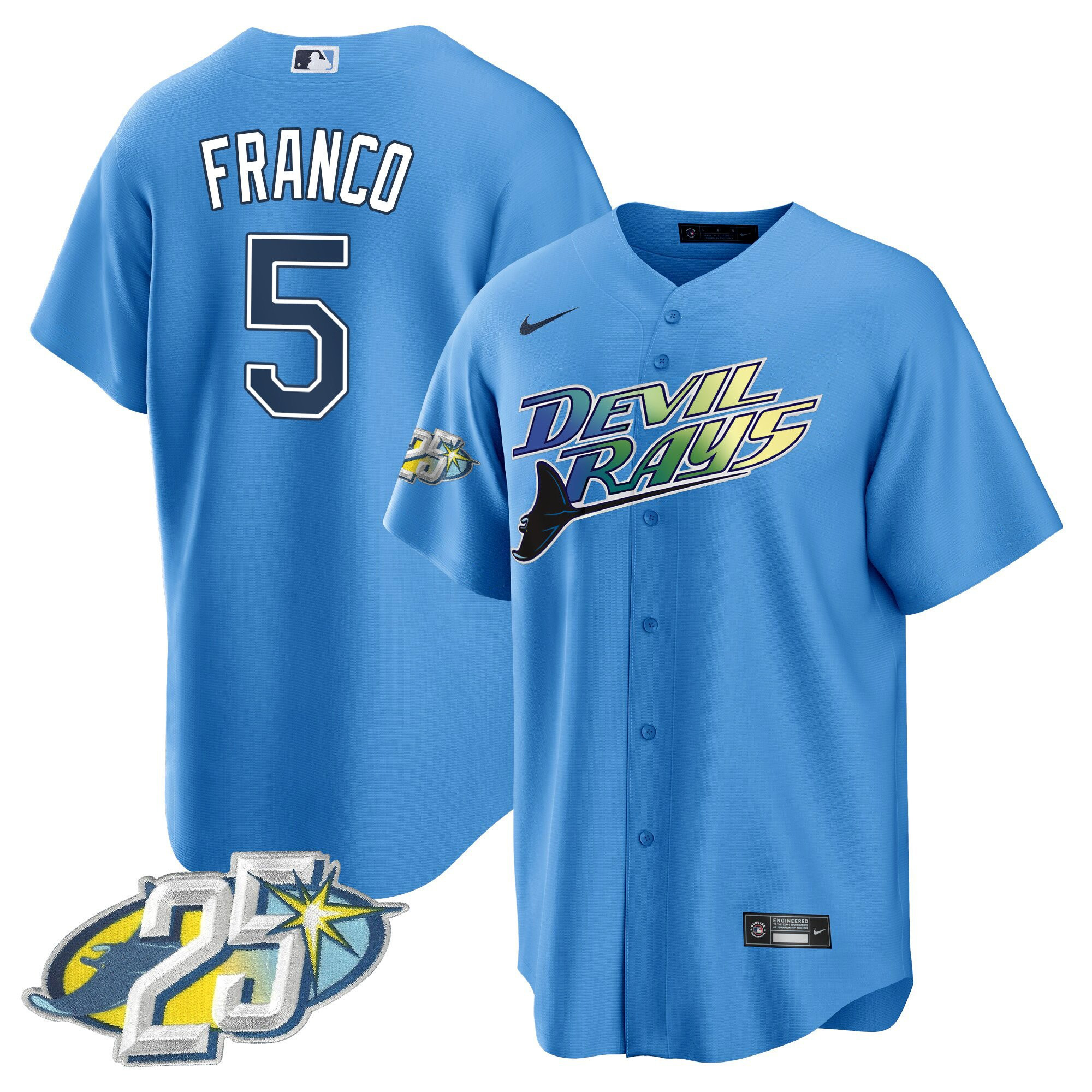 Wander Franco Men's Tampa Bay Rays 25th Anniversary Patch Cool Base Light Blue Jersey