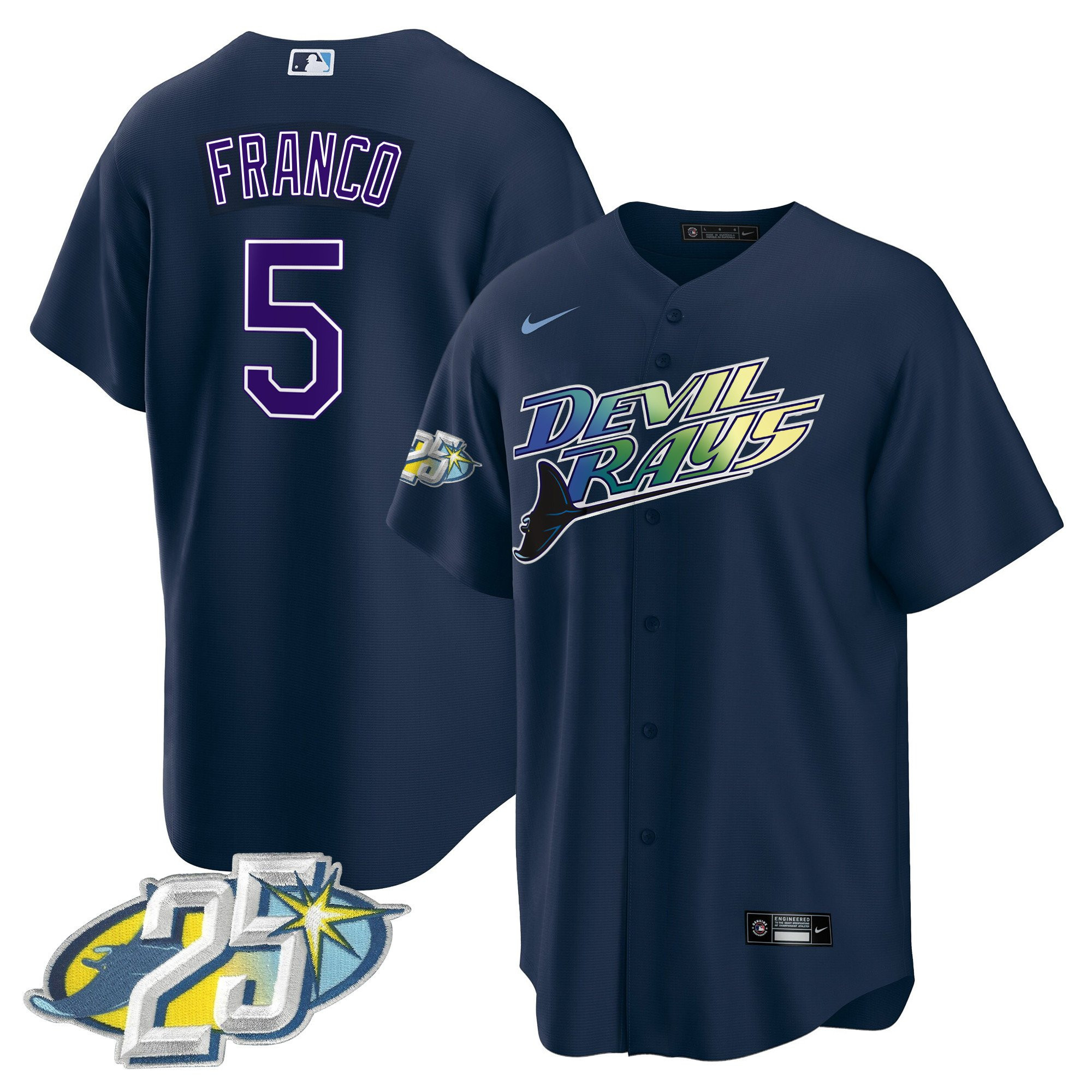 Wander Franco Men's Tampa Bay Rays 25th Anniversary Patch Cool Base Navy Jersey