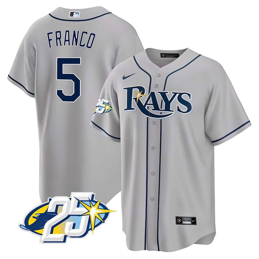 Wander Franco Men's Tampa Bay Rays 25th Anniversary Patch Cool Base V2 Gray Jersey
