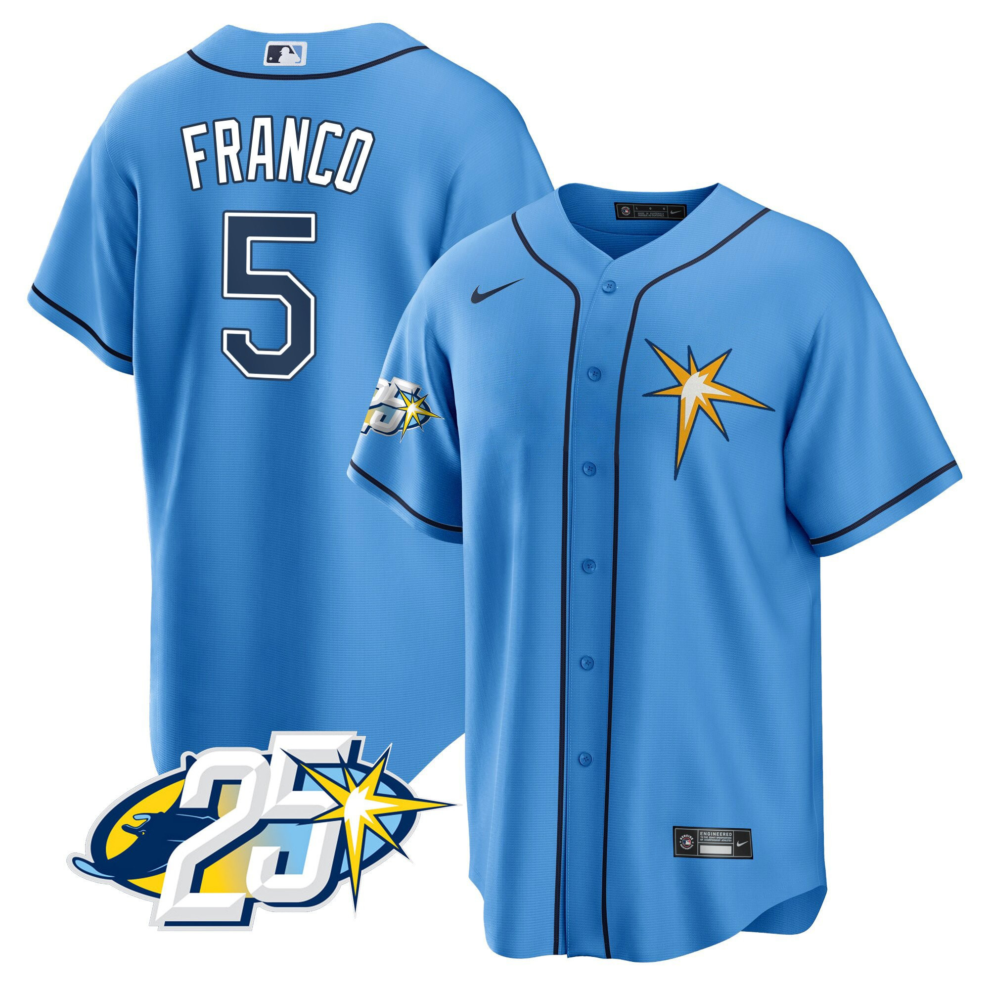 Wander Franco Men's Tampa Bay Rays 25th Anniversary Patch Cool Base V2 Light Blue Jersey