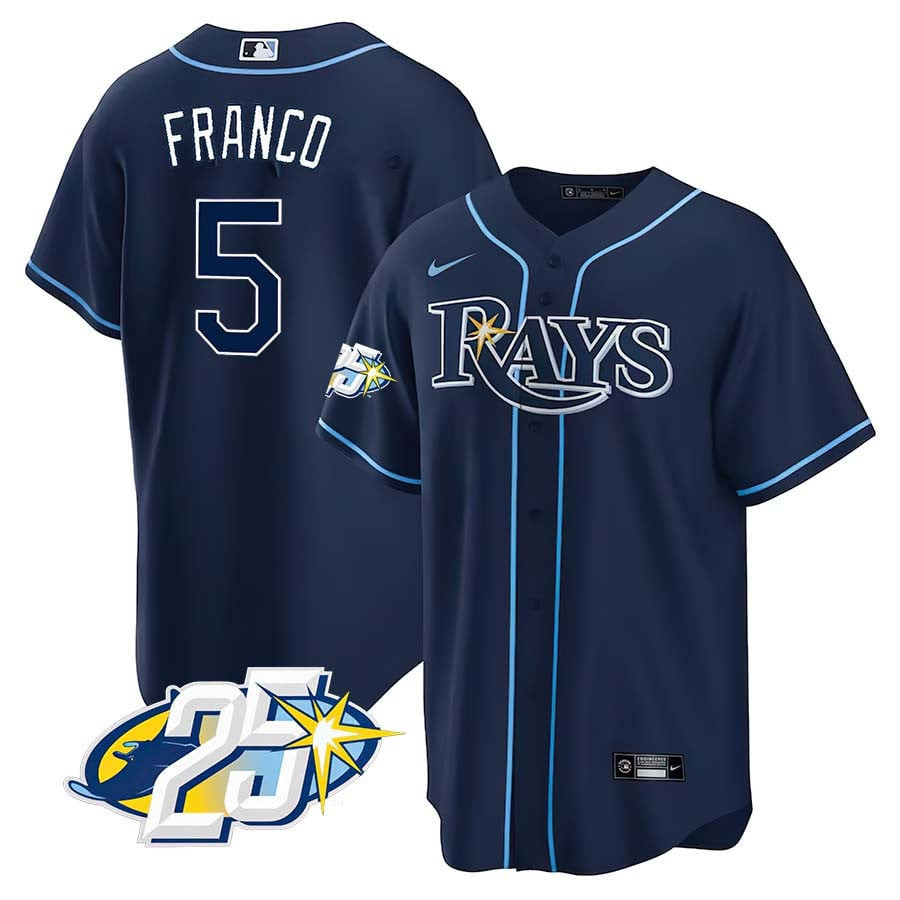Wander Franco Men's Tampa Bay Rays 25th Anniversary Patch Cool Base V2 Navy Jersey