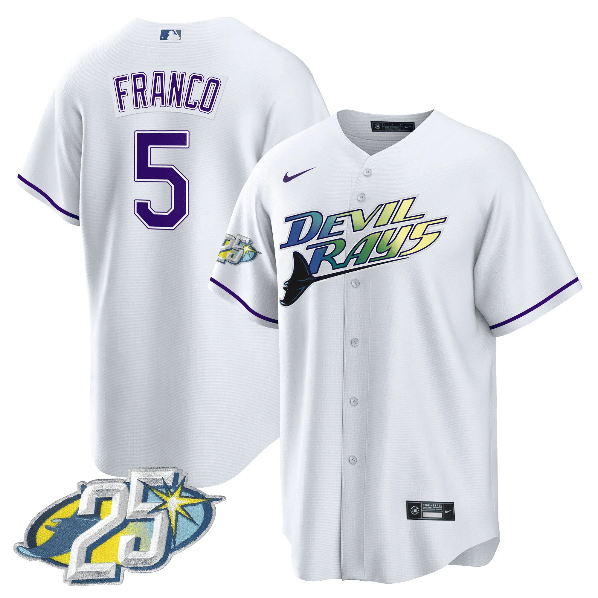 Wander Franco Men's Tampa Bay Rays 25th Anniversary Patch Cool Base White Jersey