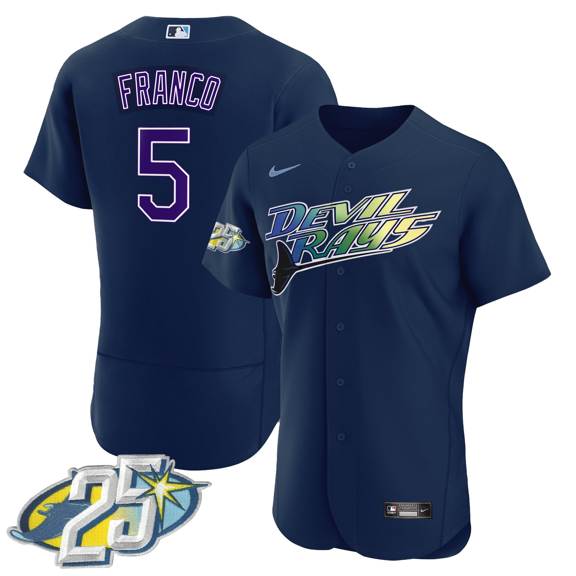 Wander Franco Men's Tampa Bay Rays 25th Anniversary Patch Flex Base Navy Jersey