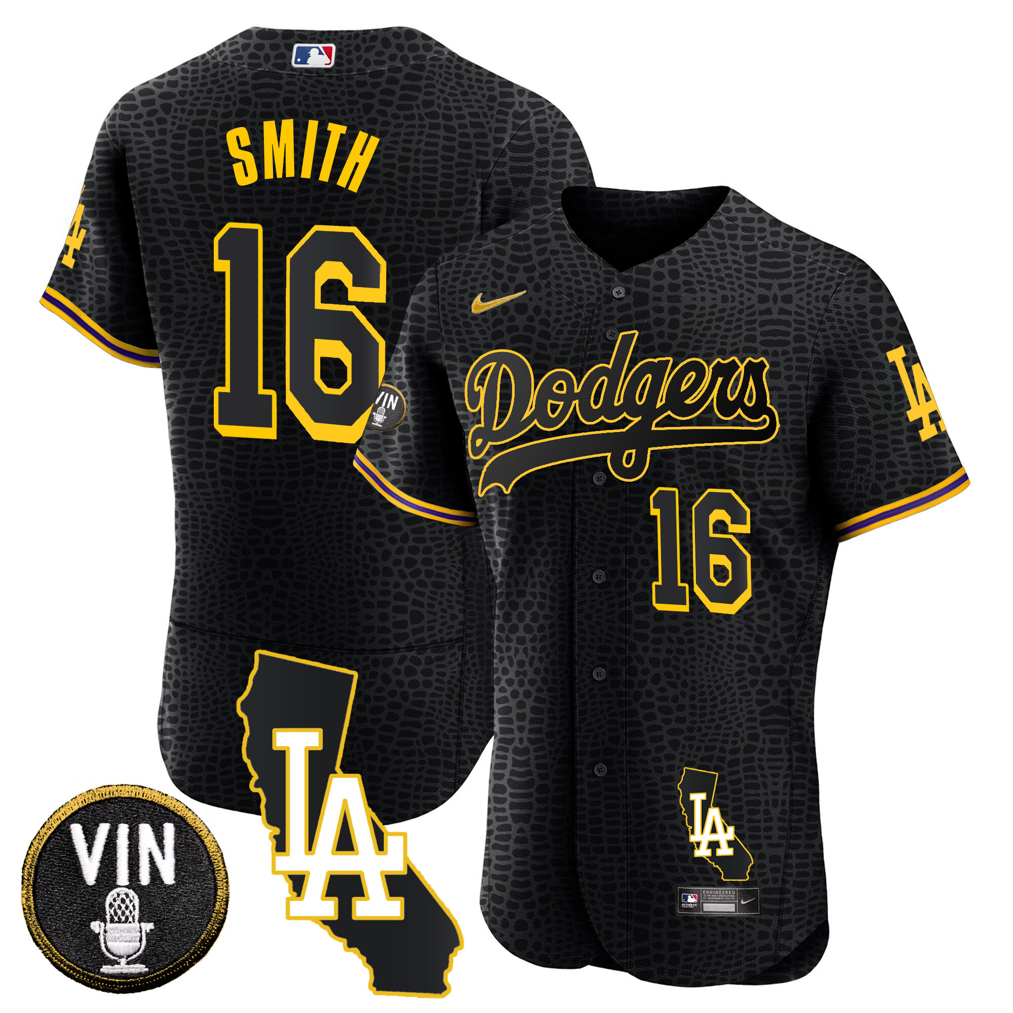 Will Smith Men's Los Angeles Dodgers California Patch Gold Trim Flex Base Black Mamba Jersey