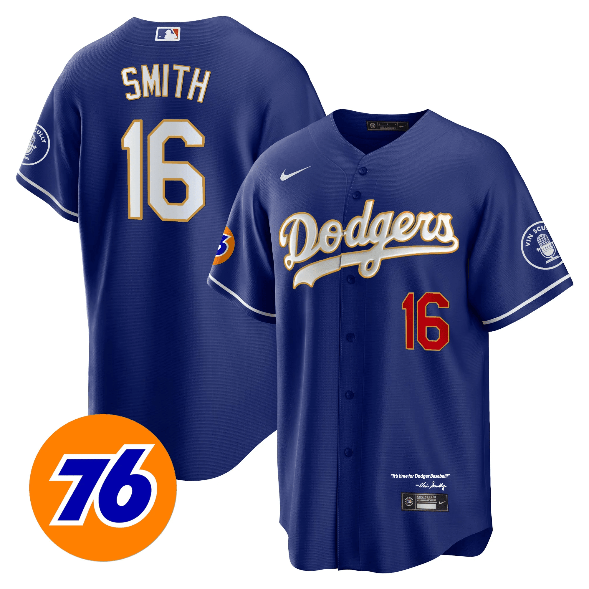 Will Smith Men's Los Angeles Dodgers Vin Scully 76 Patch Gold Trim Player Cool Royal Jersey