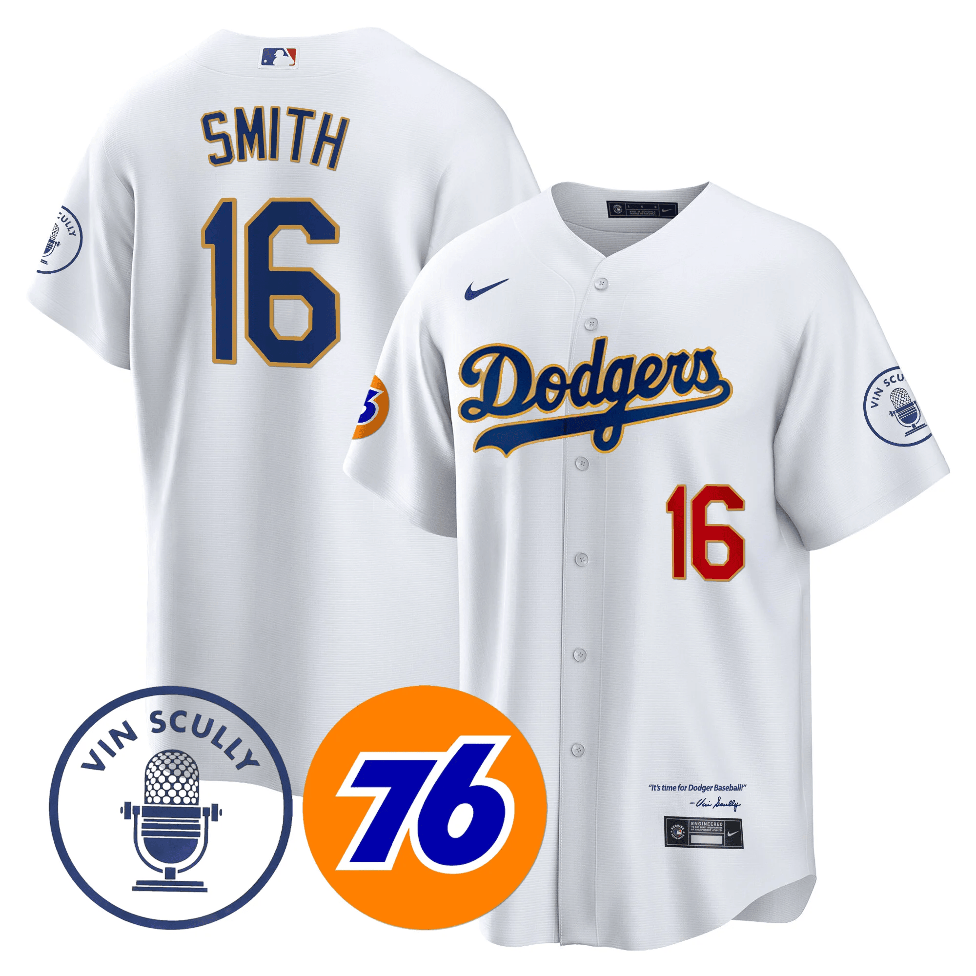Will Smith Men's Los Angeles Dodgers Vin Scully 76 Patch Gold Trim Player Cool White Jersey