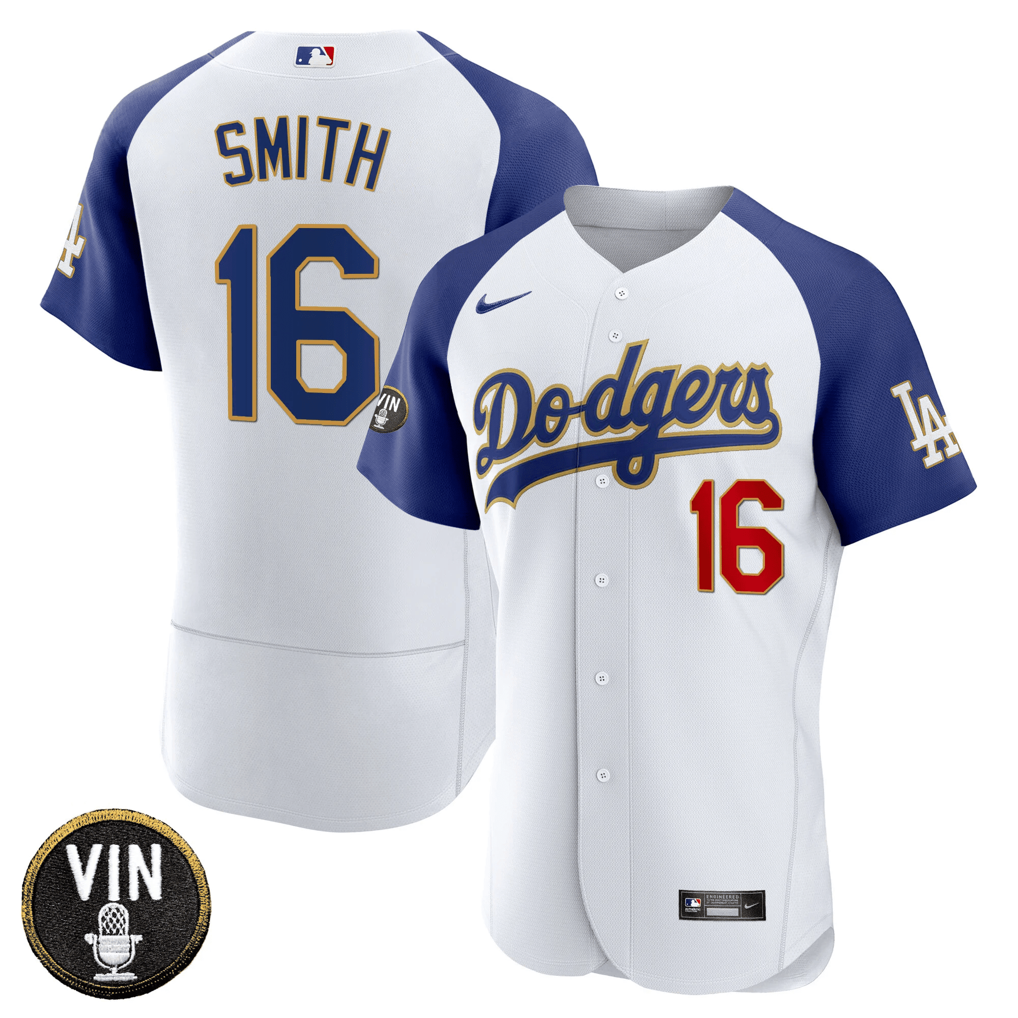Will Smith Men's Los Angeles Dodgers Vin Scully Patch Flex Base Gold Trim Flex White Jersey