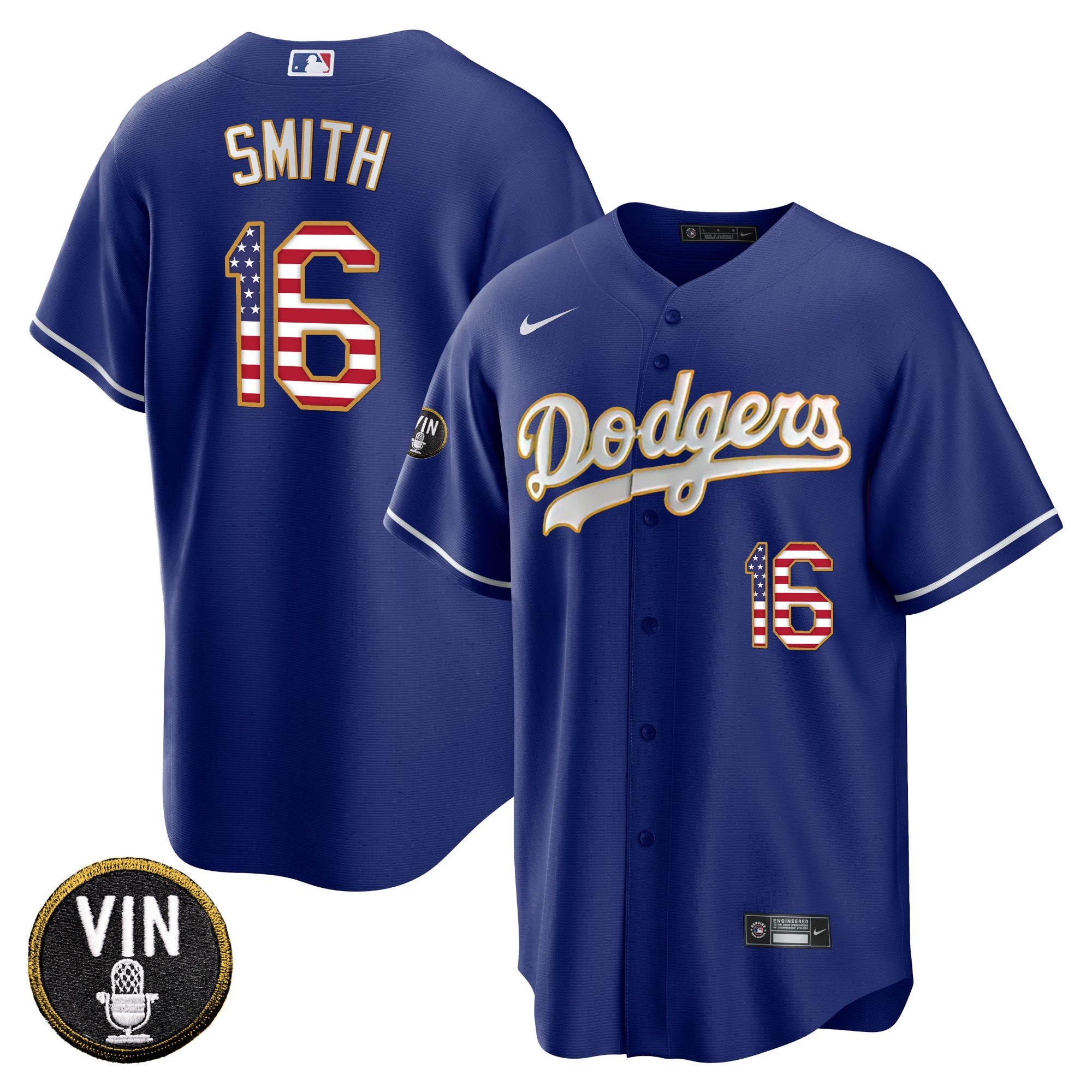 Will Smith Men's Los Angeles Dodgers Vin Scully Patch Gold Trim Flag Cool Royal Jersey