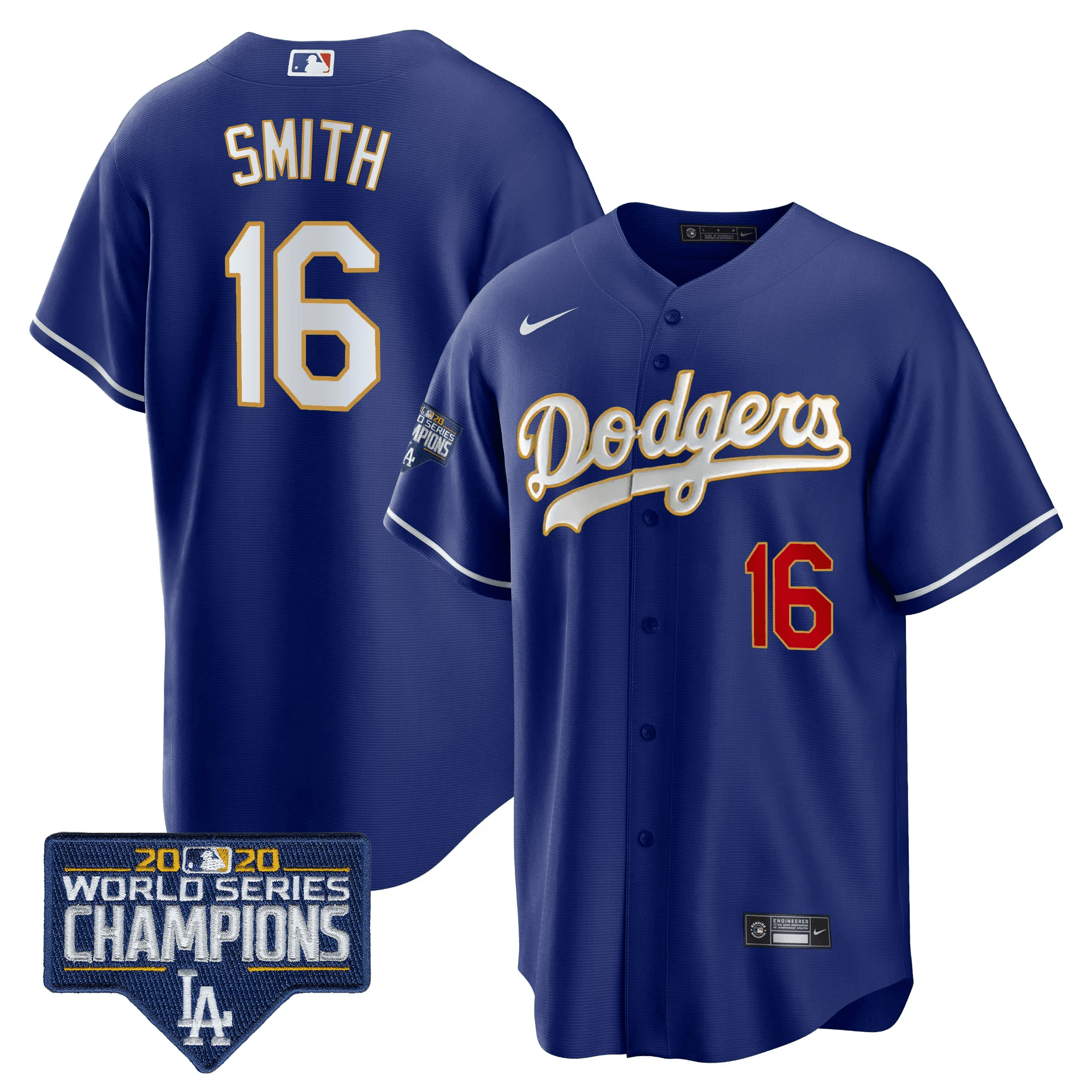 Will Smith Men's Los Angeles Dodgers World Series Champions Patch Cool Base Gold Trim Royal Jersey