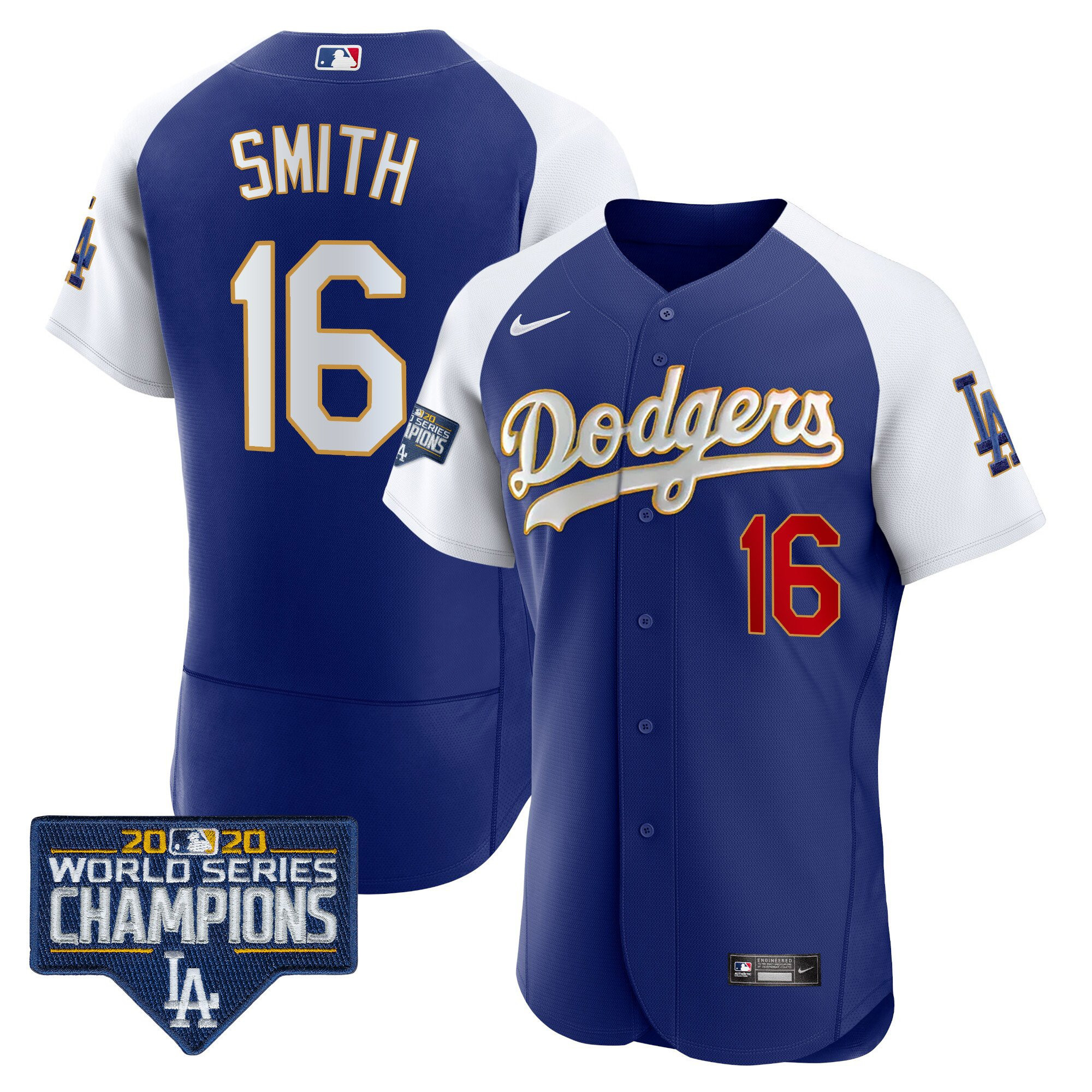 Will Smith Men's Los Angeles Dodgers World Series Champions Patch Flex Base Gold Trim Alternate Royal Jersey