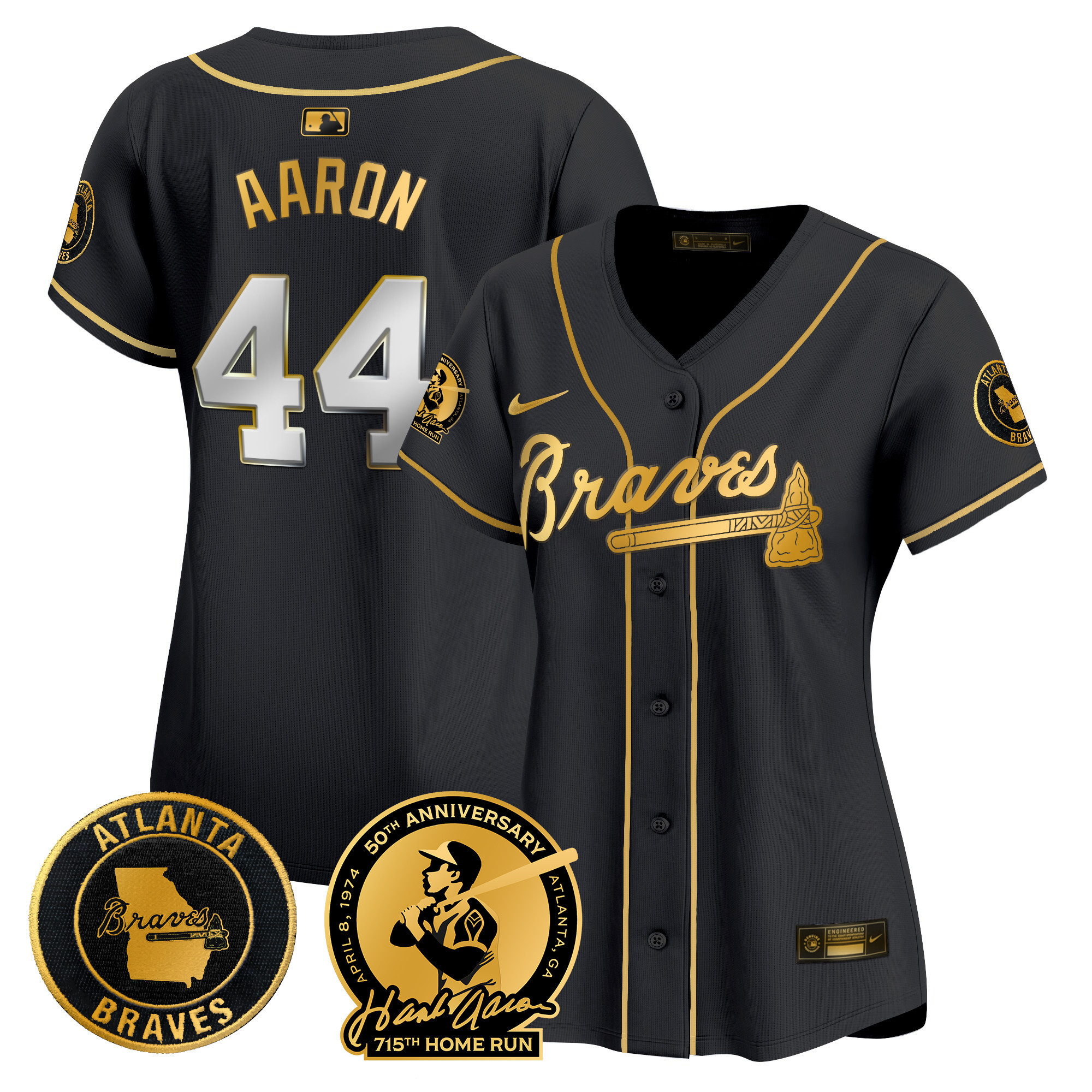 Women's Atlanta Braves Hank Aaron 715th Home Run Patch Vapor Premier Limited Black Gold Jersey - All Stitched