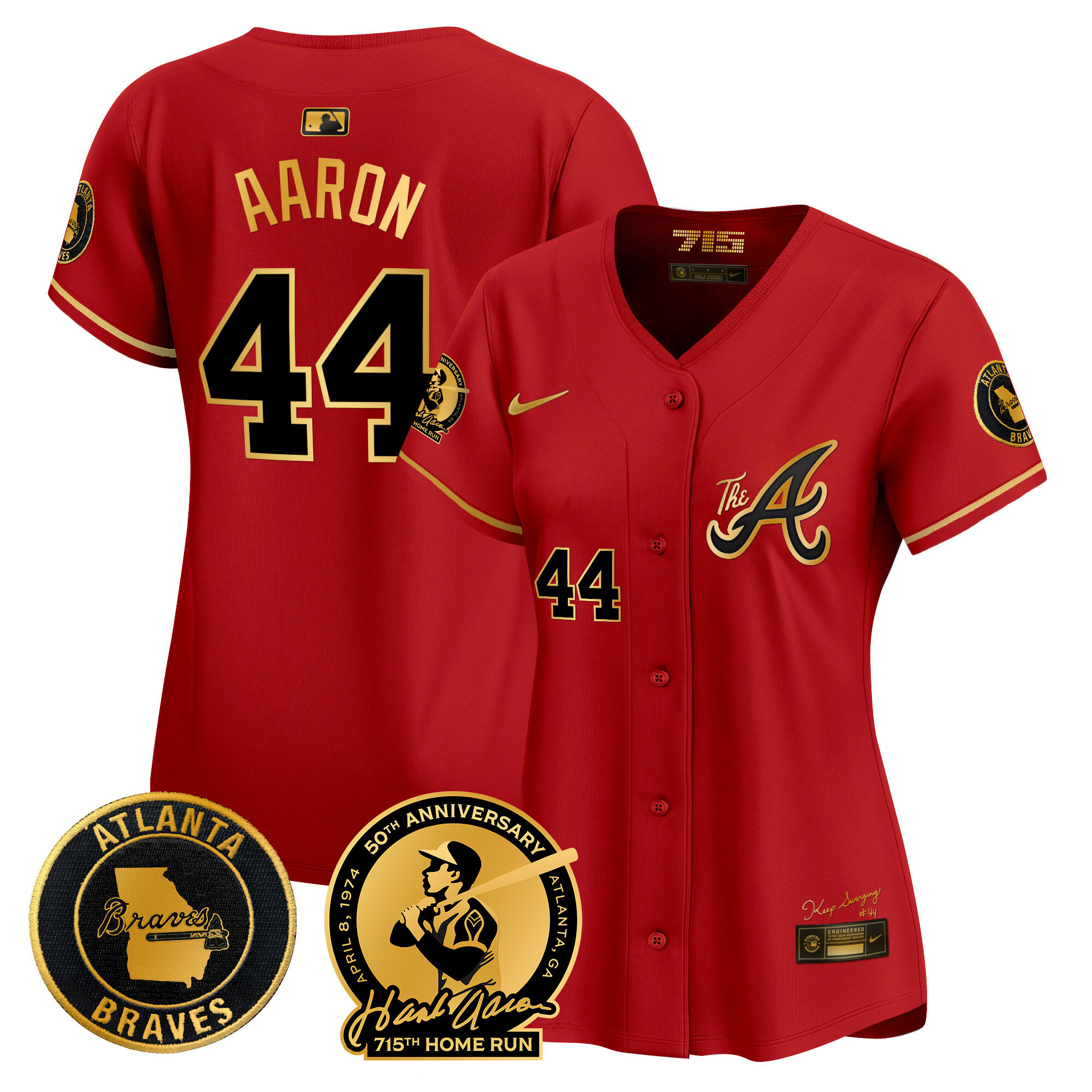 Women's Atlanta Braves Hank Aaron 715th Home Run Patch Vapor Premier Limited V2 Red Gold Jersey - All Stitched