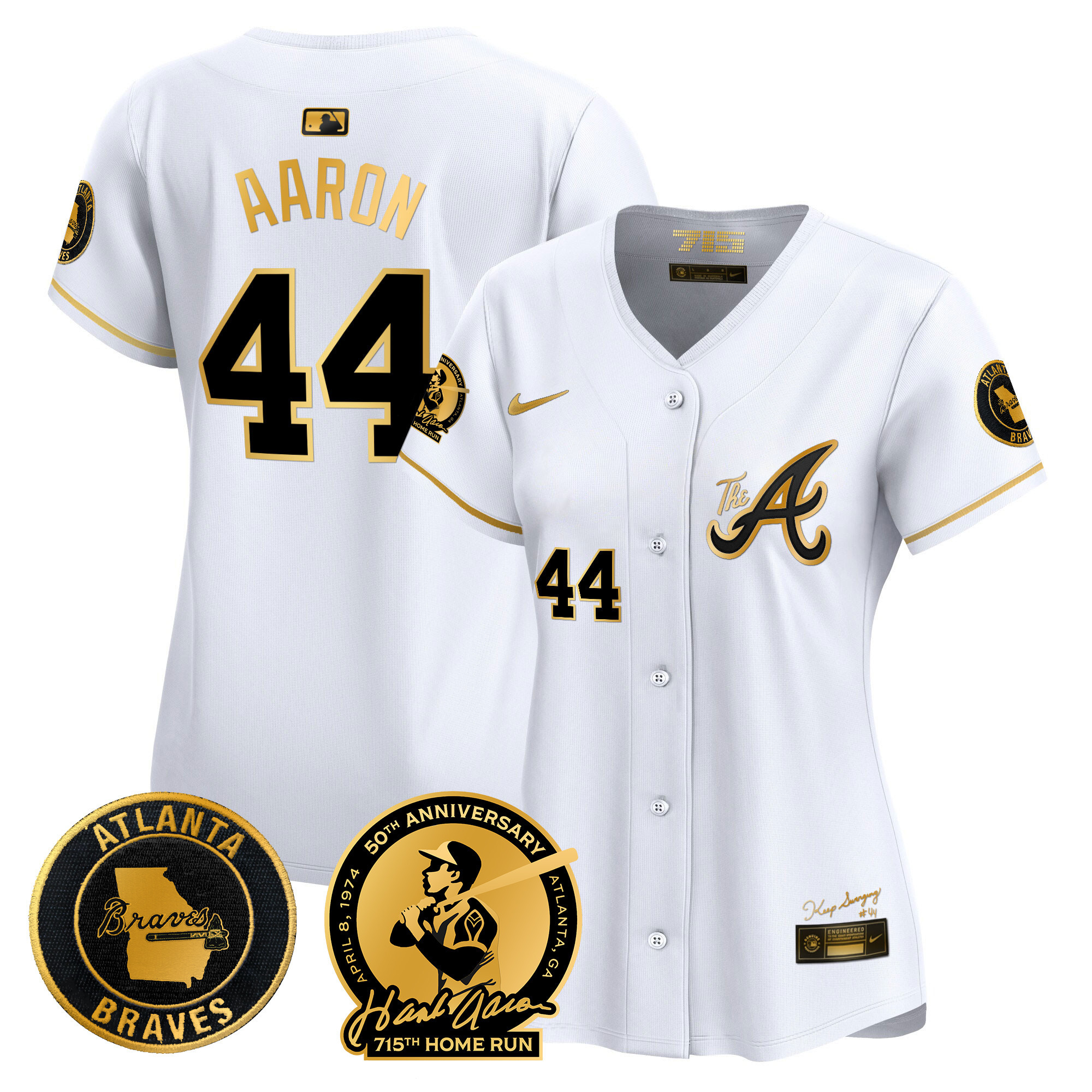 Women's Atlanta Braves Hank Aaron 715th Home Run Patch Vapor Premier Limited V2 White Gold Jersey - All Stitched