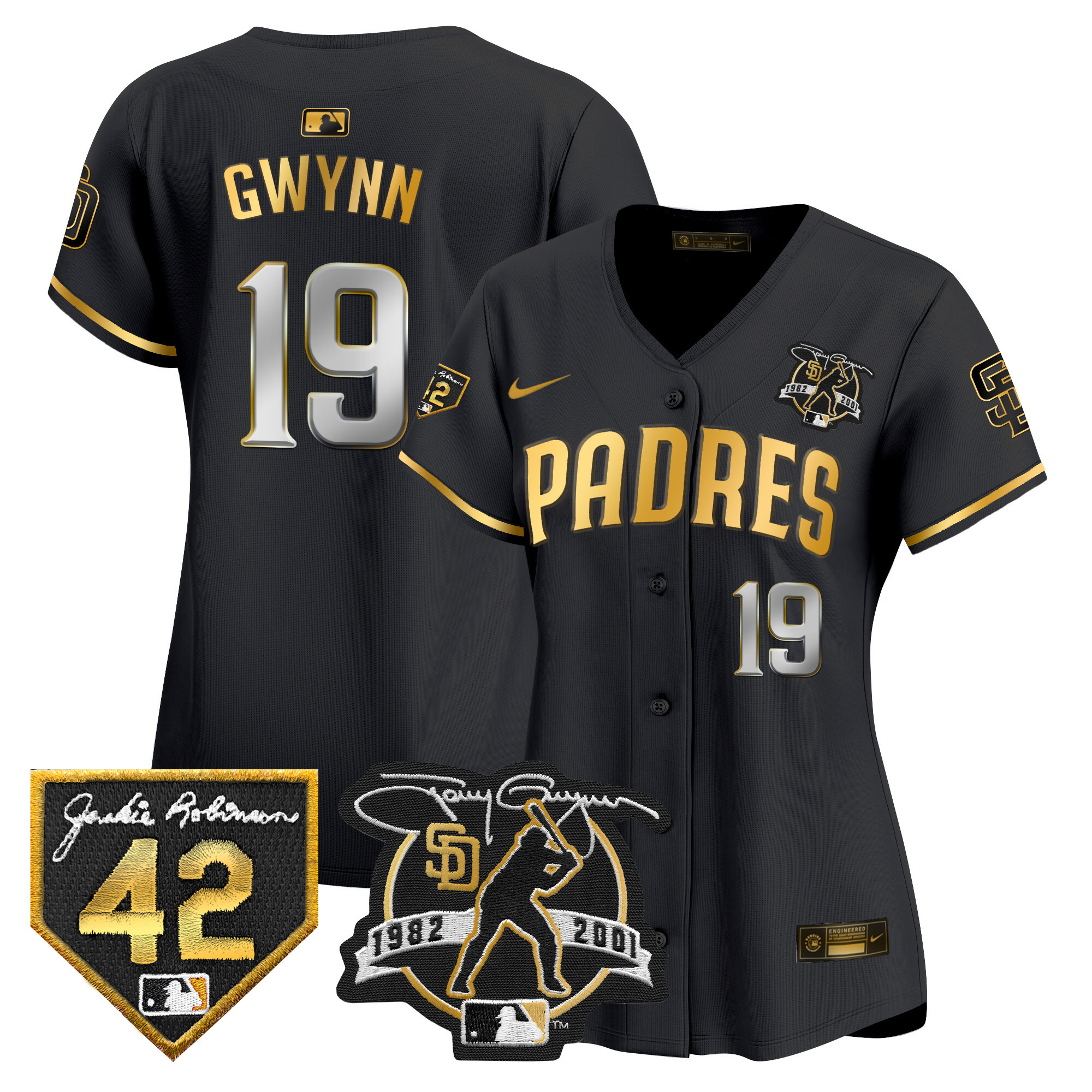 Women's San Diego Padres Tony Gwynn & Robinson Patch Vapor Premier Limited Black Gold Jersey