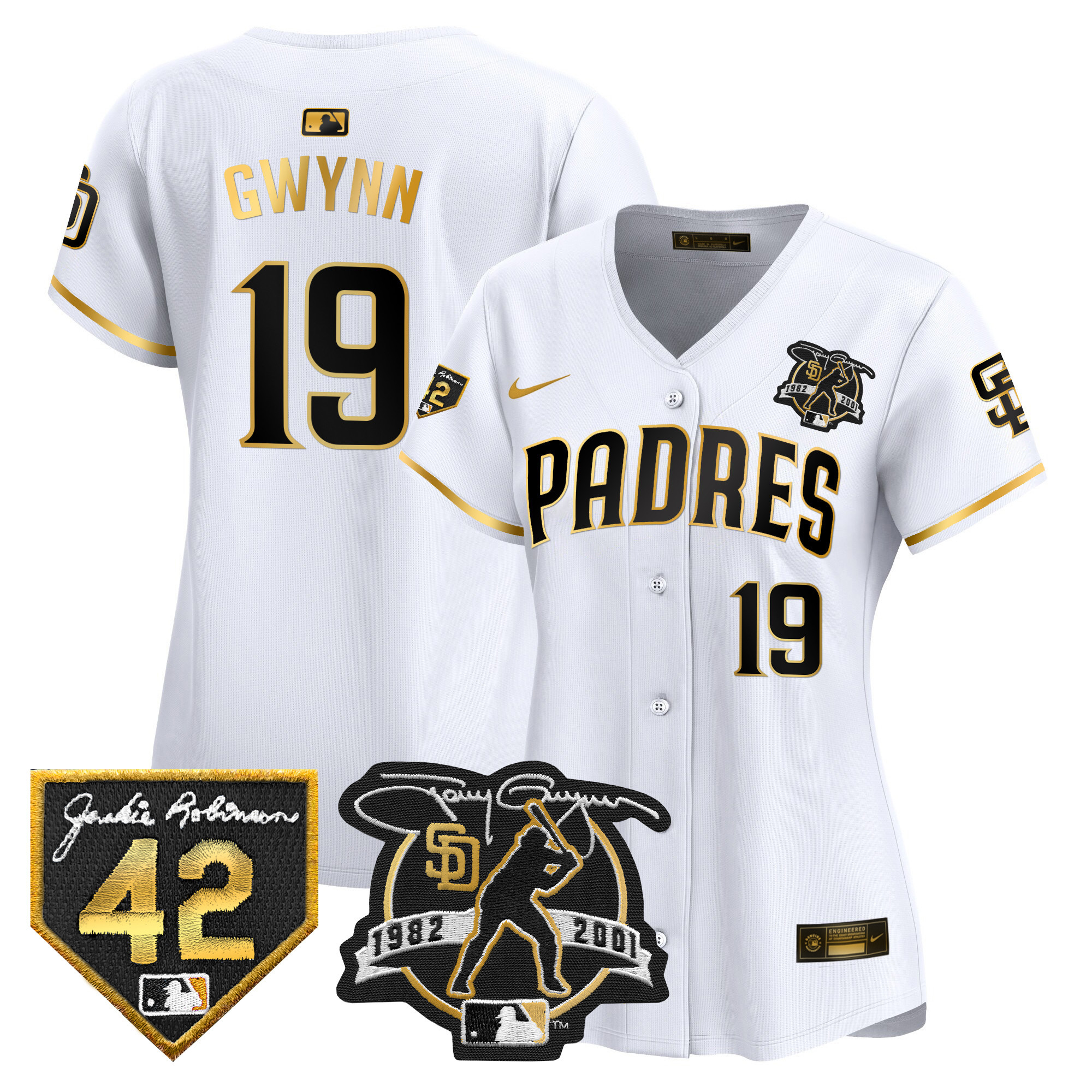 Women's San Diego Padres Tony Gwynn & Robinson Patch Vapor Premier Limited White Gold Jersey