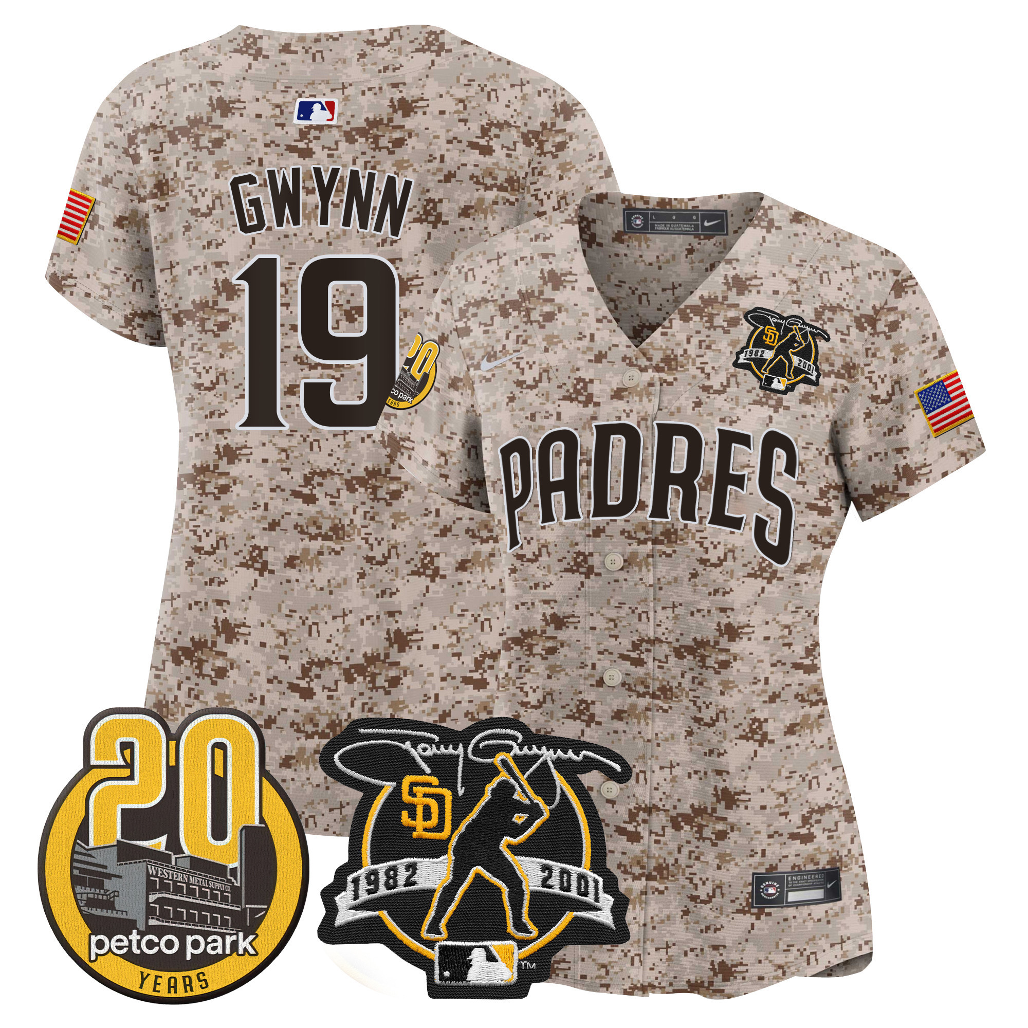 Women's San Diego Padres Tony Gwynn & Petco Park 20th Patch USMC Vapor Premier Limited Desert Jersey