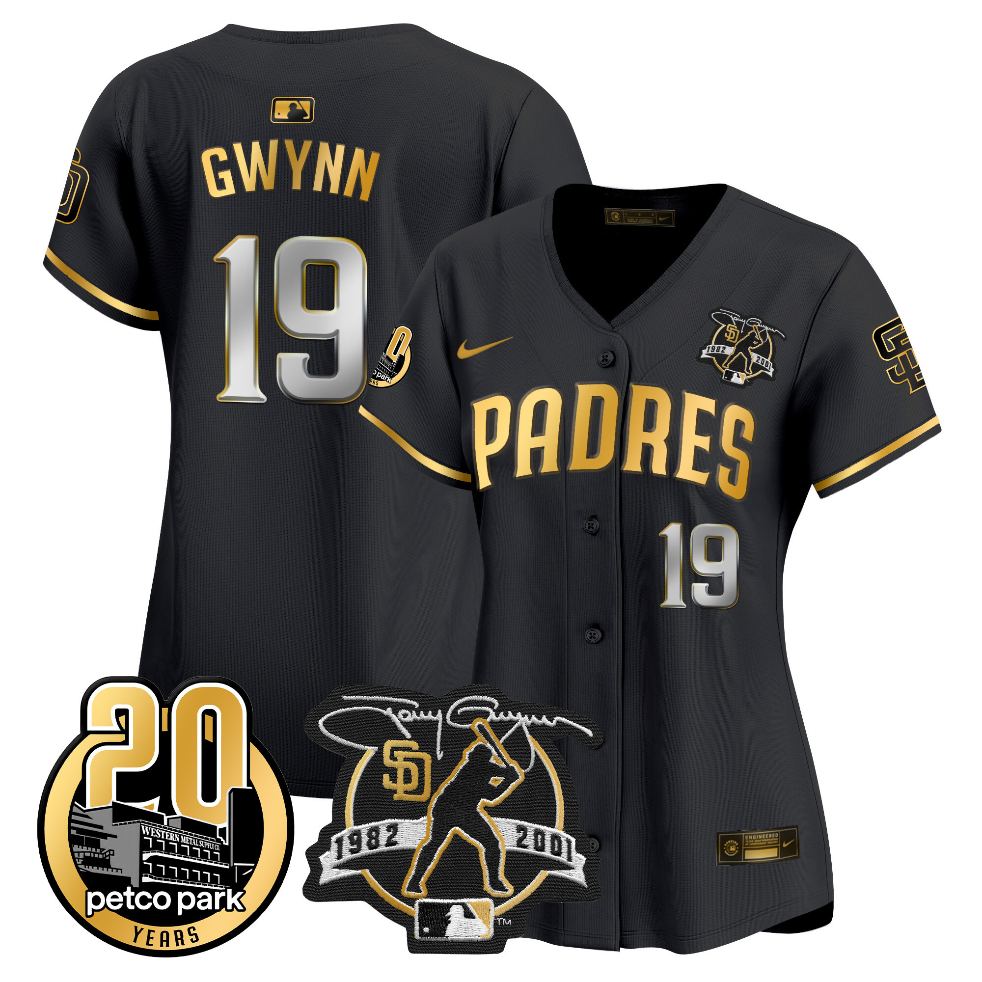 Women's San Diego Padres Tony Gwynn & Petco Park 20th Patch Vapor Premier Limited Black Gold Jersey
