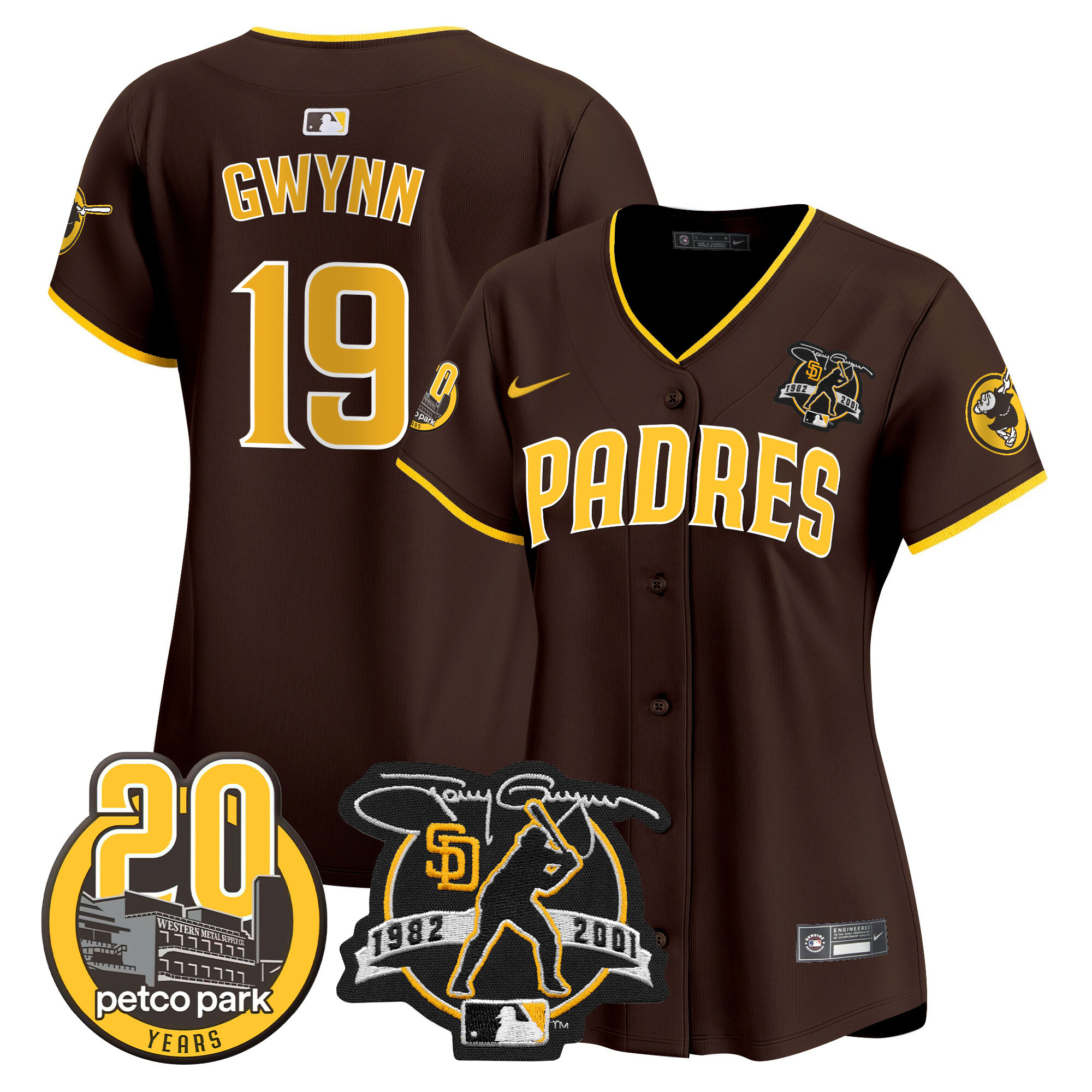 Women's San Diego Padres Tony Gwynn & Petco Park 20th Patch Vapor Premier Limited Brown Jersey
