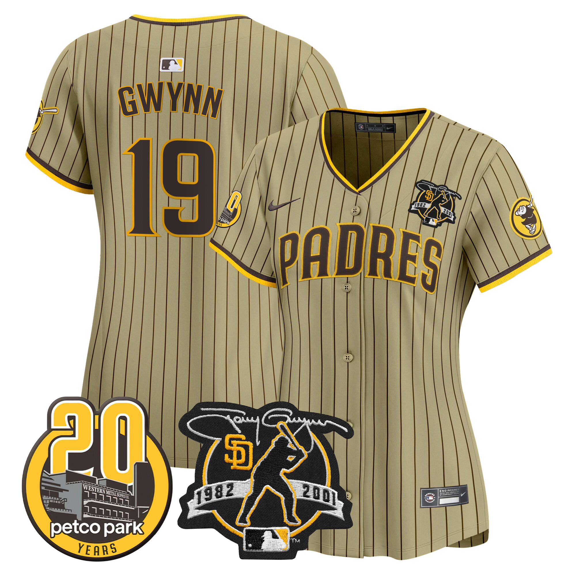 Women's San Diego Padres Tony Gwynn & Petco Park 20th Patch Vapor Premier Limited Tan Jersey