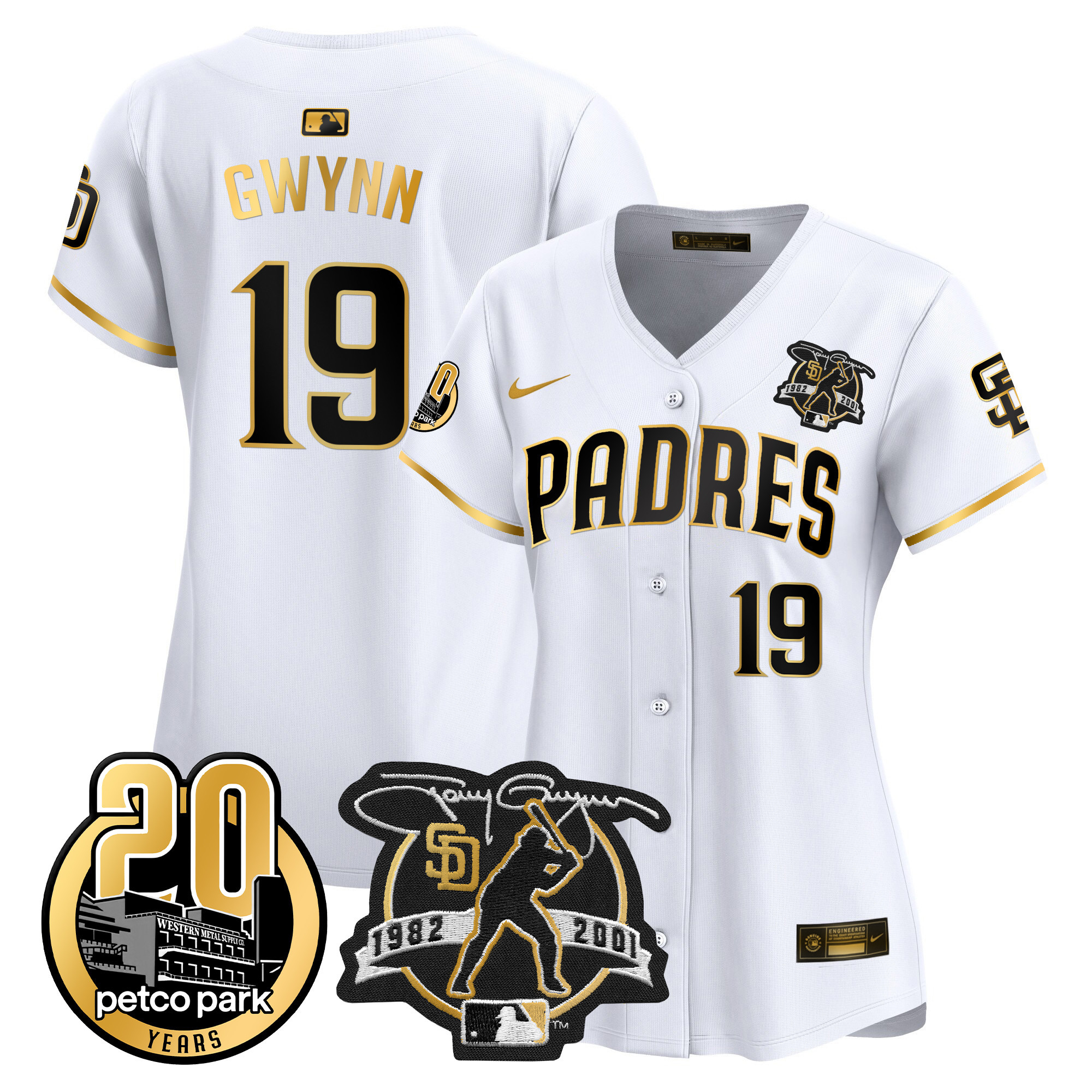 Women's San Diego Padres Tony Gwynn & Petco Park 20th Patch Vapor Premier Limited White Gold Jersey
