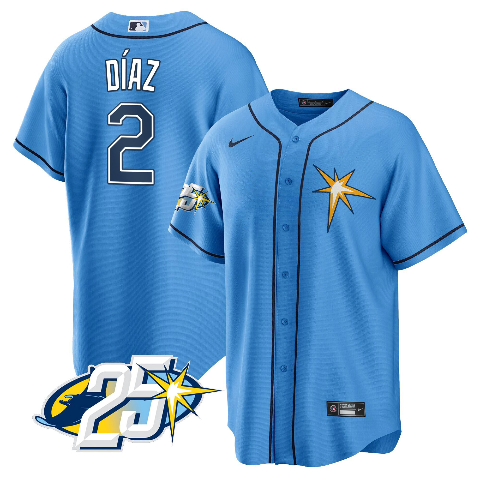 Yandy Diaz Men's Tampa Bay Rays 25th Anniversary Patch Cool Base V2 Light Blue Jersey