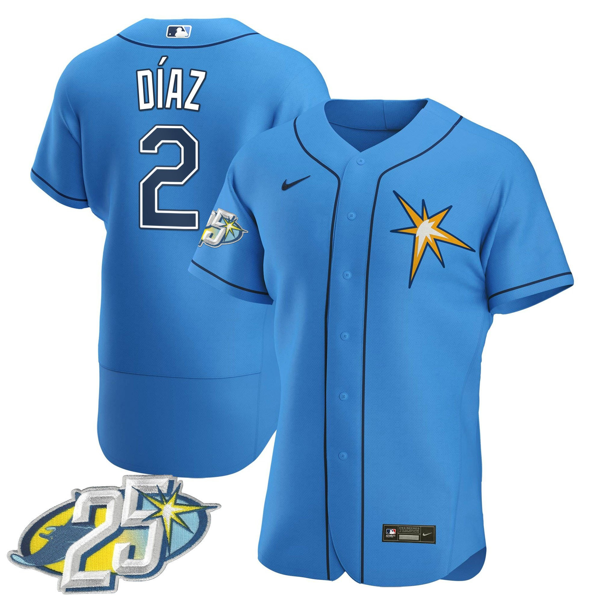 Yandy Diaz Men's Tampa Bay Rays 25th Anniversary Patch Flex Base Light Blue Jersey