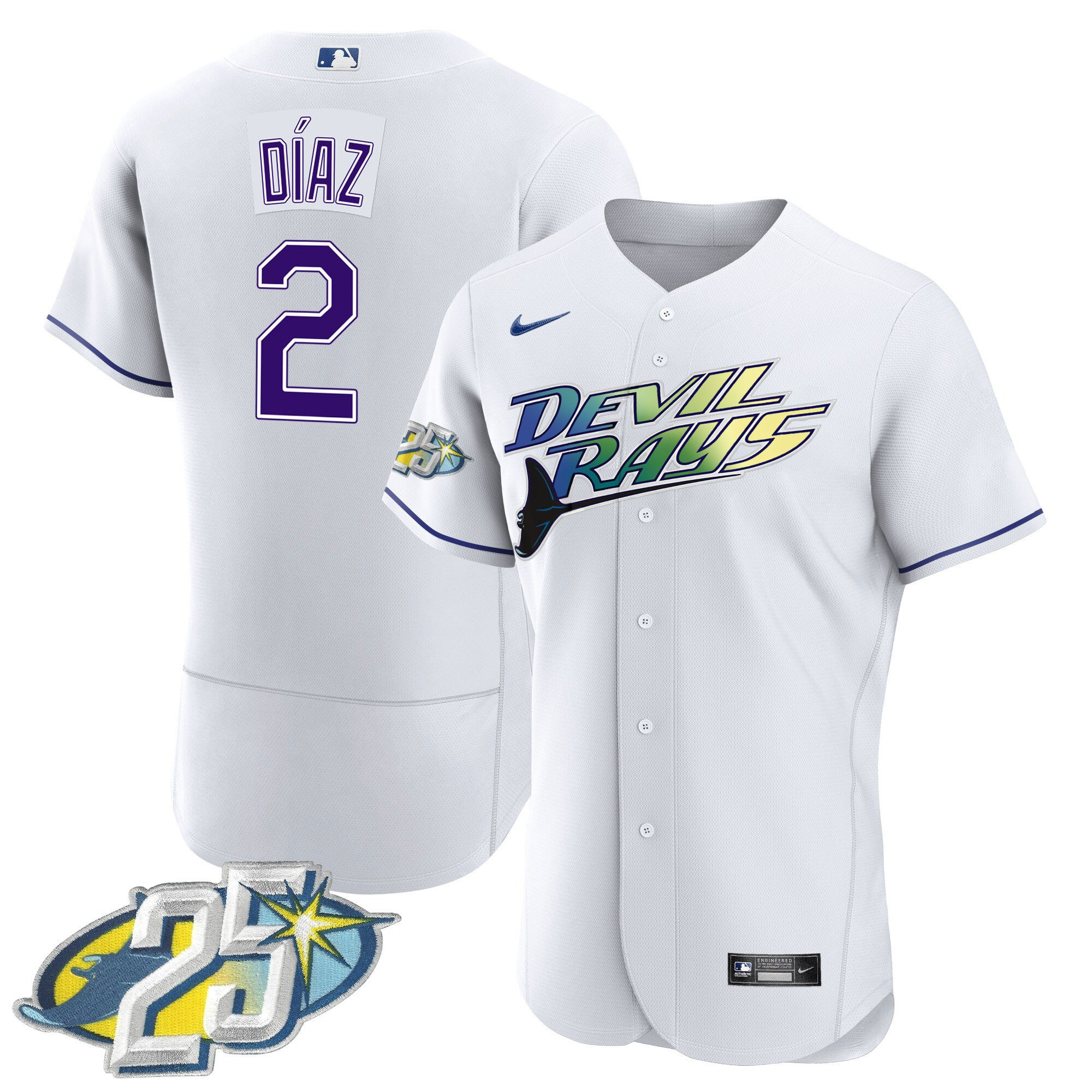 Yandy Diaz Men's Tampa Bay Rays 25th Anniversary Patch Flex Base White Jersey