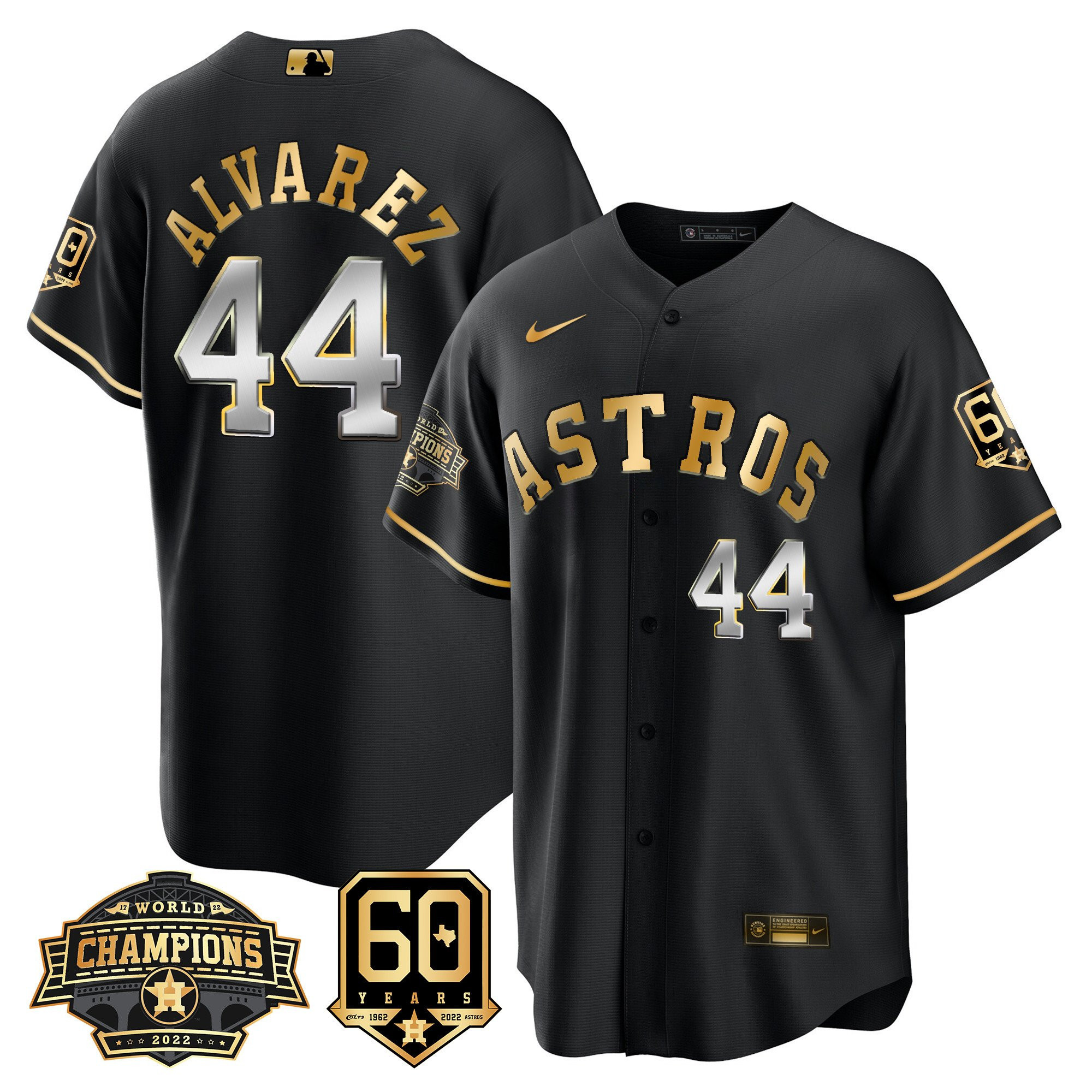 Yordan Álvarez Men's Houston Astros World Series Champions & 60th Anniversary Patch Cool Black Gold Jersey