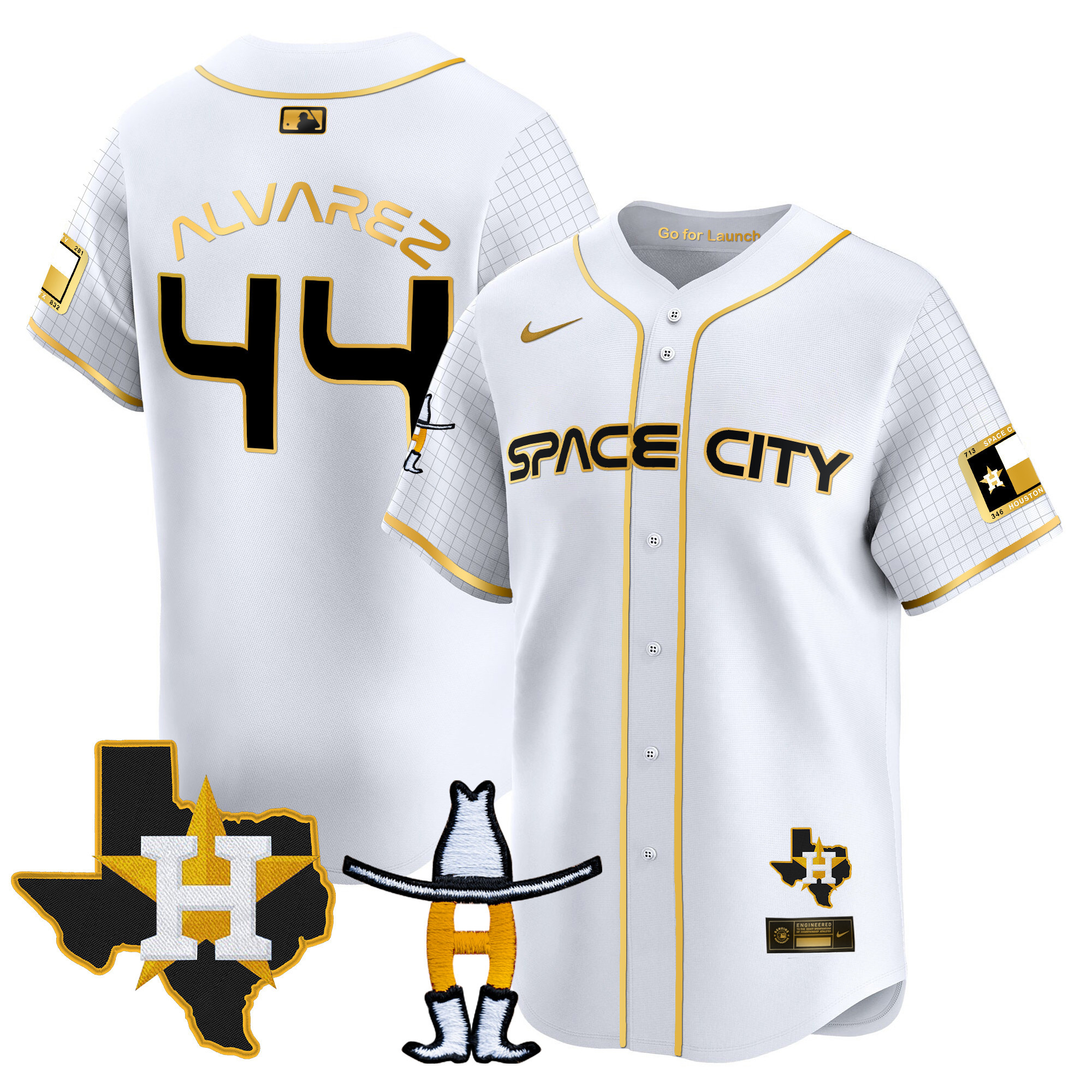 Yordan Álvarez Men's Houston Astros Space City Texas Patch Vapor Premier Limited White Gold Jersey - All Stitched