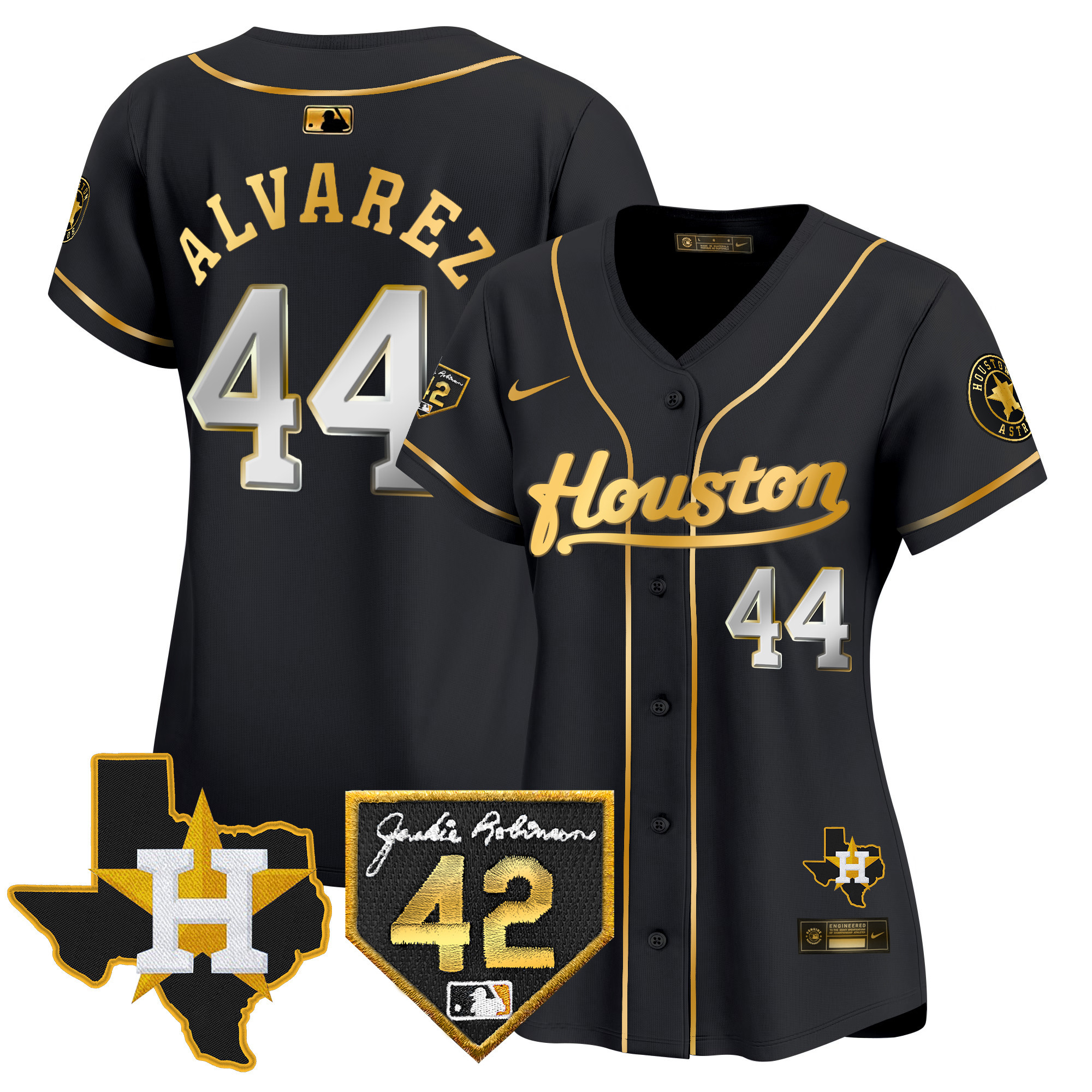 Yordan Álvarez Women's Houston Astros Jackie Robinson Patch Vapor Premier Limited Black Gold Jersey - All Stitched