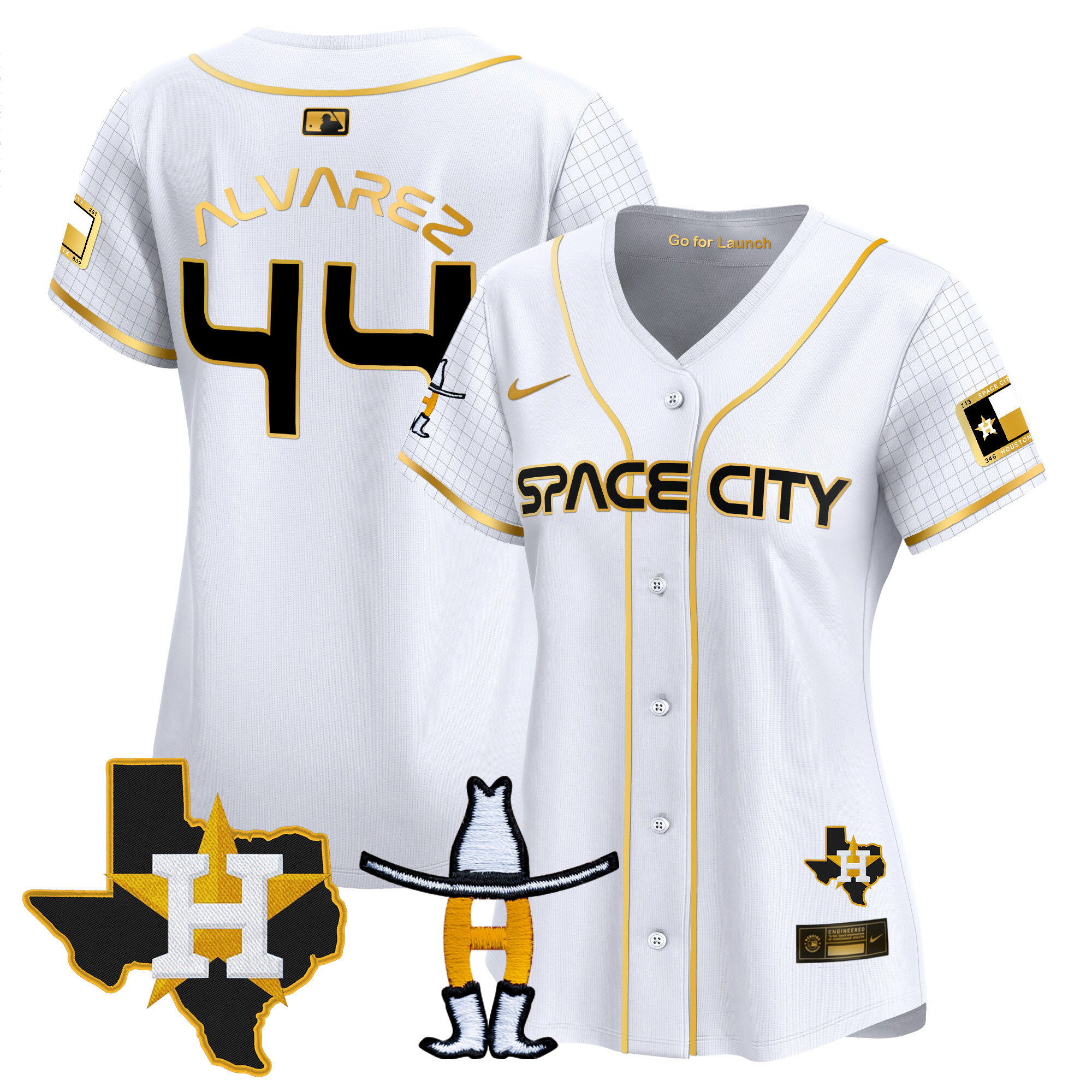 Yordan Álvarez Women's Houston Astros Space City Texas Patch Vapor Premier Limited White Gold Jersey - All Stitched