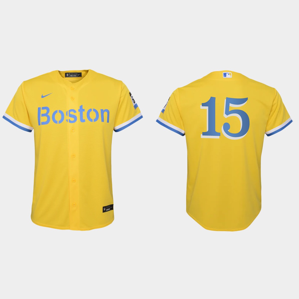 Youth Boston Red Sox #15 Dustin Pedroia Gold Light Blue City Connect Jersey